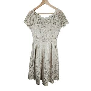 GIGILEER Tan Cap Sleeve Lined Lace Below Knee Retro Goth Dress Large